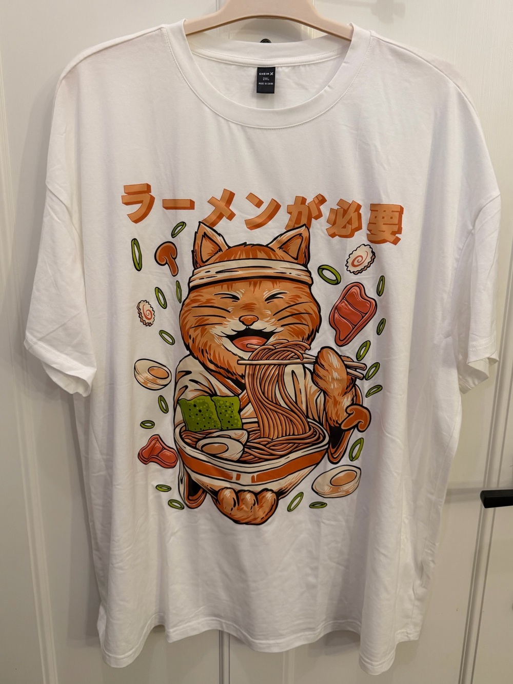 SHEIN White Tee with Orange Cat Ramen Graphic